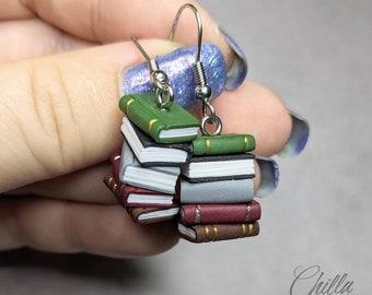 Vintage stack of books earrings miniature reading bookworm literature librarian lightweight polymer clay jewelry