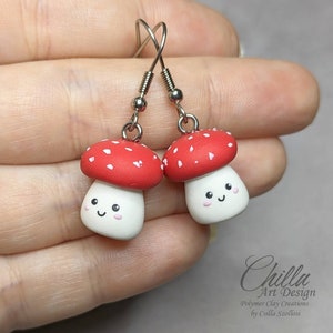 Mushroom earrings cute polymer clay stainless steel kawaii smile food Halloween