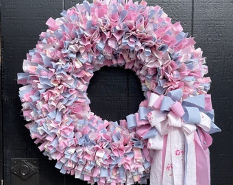 Shabby Chic Fabric Wreath for Front Door, Upcycled Rag Wreath for Spring Decor, Pastel Easter Wreath with Fluffy Rag Bow, Mother's Day Gift