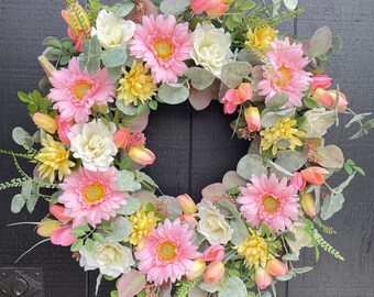 Gerber Daisy and Tulip Wreath, Spring Floral Wreath, Summer Wreath for Front Door, Eucalyptus and Tulips, Mother's Day Gift