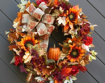 Luxury Fall Wreath, Sunflower Wreath, Thanksgiving Wreath, Autumn Wreaths, Fall Wreath for Door, Harvest Wreath, Fall Decor, Pumpkin Wreath