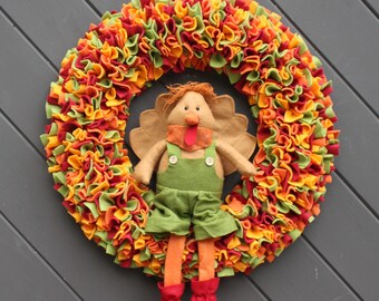 Thanksgiving Wreath, Fall Wreath, Turkey Wreath, Autumn Door Wreath, Fall Rag Wreath, Fabric Wreaths, Halloween Wreath, Fall Decorations
