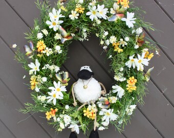 Whimsical Summer Meadow Wreath, Spring Wildflower Door Wreath, Funny Sheep and Butterfly Greenery Wreath
