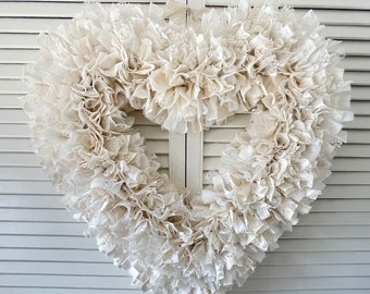 Shabby Heart Wreath, Vintage Lace Wreath, Valentine's Wreath, Rustic Wedding Decor, Valentines Day, Fabric Rag Wreath, Mother's Day Gift