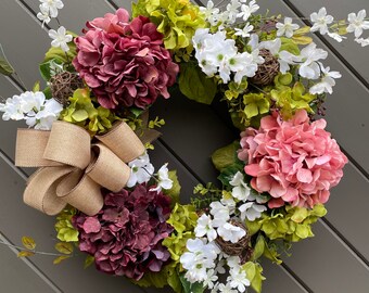 Hydrangea Wreath, Pink Plum Wine Floral, Farmhouse Door Decor