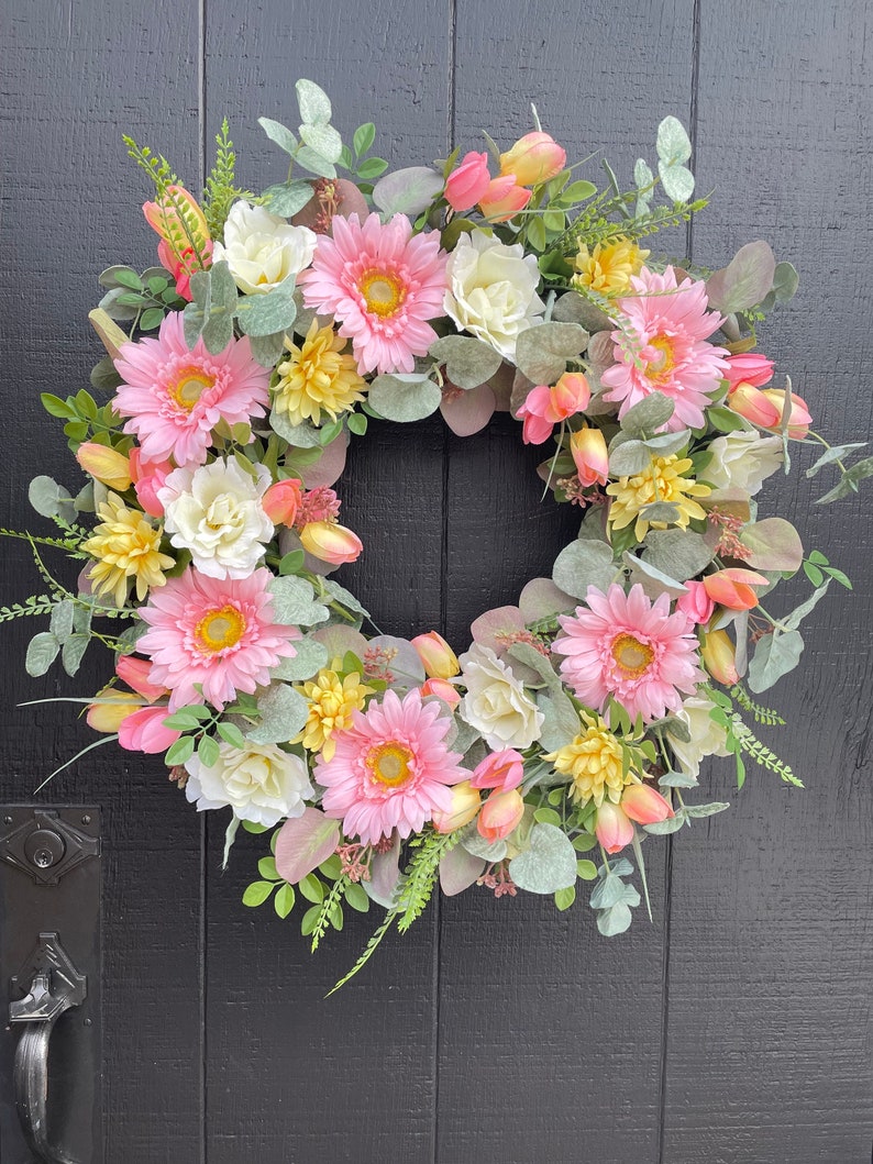 Daisy and Tulip Wreath, Spring Floral Wreath, Easter Wreath, Summer Wreath for Front Door, Eucalyptus Wreath, Mother's Day Gift, Peach Fuzz image 1