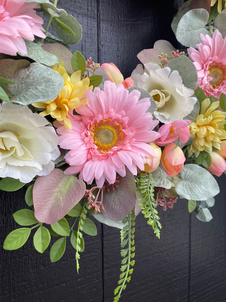 Daisy and Tulip Wreath, Spring Floral Wreath, Easter Wreath, Summer Wreath for Front Door, Eucalyptus Wreath, Mother's Day Gift, Peach Fuzz image 5