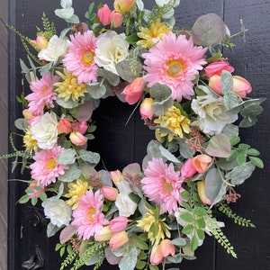 Daisy and Tulip Wreath, Spring Floral Wreath, Easter Wreath, Summer Wreath for Front Door, Eucalyptus Wreath, Mother's Day Gift, Peach Fuzz image 6