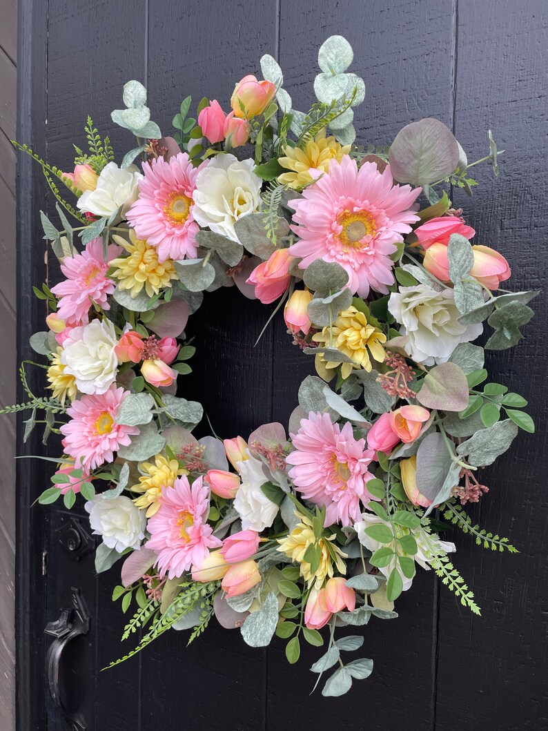 Daisy and Tulip Wreath, Spring Floral Wreath, Easter Wreath, Summer Wreath for Front Door, Eucalyptus Wreath, Mother's Day Gift, Peach Fuzz image 6