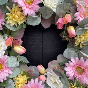 Daisy and Tulip Wreath, Spring Floral Wreath, Easter Wreath, Summer Wreath for Front Door, Eucalyptus Wreath, Mother's Day Gift, Peach Fuzz image 4