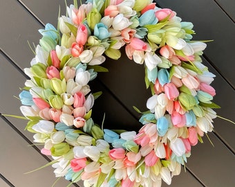Spring Tulip Wreath for Front Door, Pastel Spring Wreath, Easter Wreath, Mother’s Day Gift, Spring Decor, Front Door Wreath, Floral Wreath