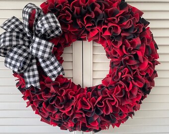 Buffalo Plaid Wreath, Valentines Wreath, Winter Wreath, Buffalo Check Decor, Farmhouse Wreath, Rag Wreath, Christmas Wreath, Lodge Decor