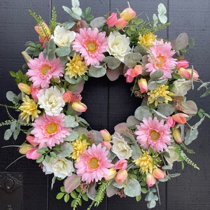 Daisy and Tulip Wreath, Spring Floral Wreath, Easter Wreath, Summer Wreath for Front Door, Eucalyptus Wreath, Mother's Day Gift, Peach Fuzz image 10