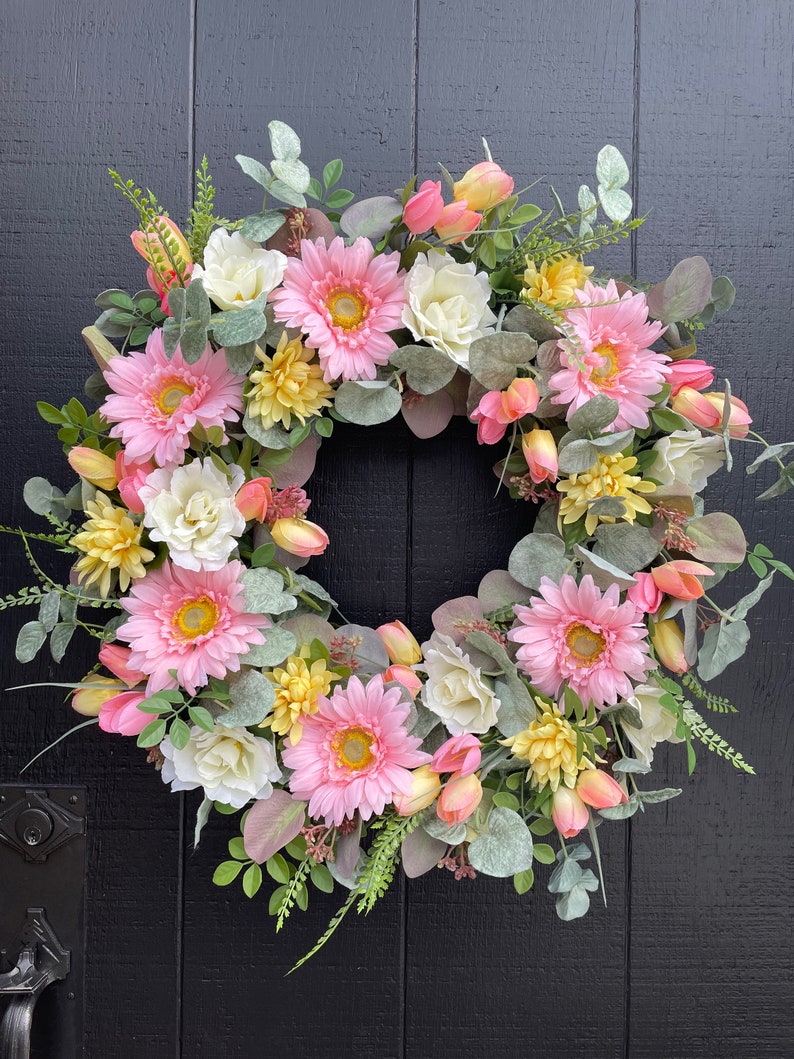 Daisy and Tulip Wreath, Spring Floral Wreath, Easter Wreath, Summer Wreath for Front Door, Eucalyptus Wreath, Mother's Day Gift, Peach Fuzz image 10