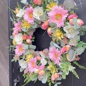 Daisy and Tulip Wreath, Spring Floral Wreath, Easter Wreath, Summer Wreath for Front Door, Eucalyptus Wreath, Mother's Day Gift, Peach Fuzz image 2