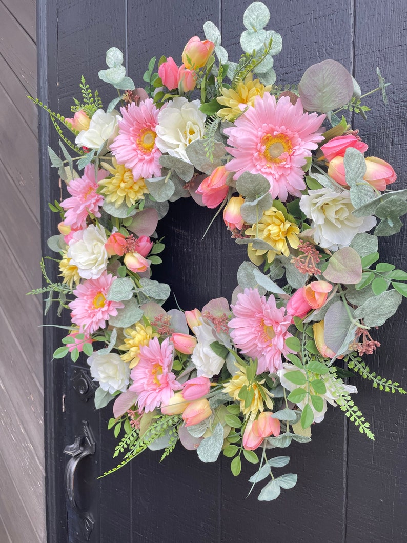 Daisy and Tulip Wreath, Spring Floral Wreath, Easter Wreath, Summer Wreath for Front Door, Eucalyptus Wreath, Mother's Day Gift, Peach Fuzz image 2