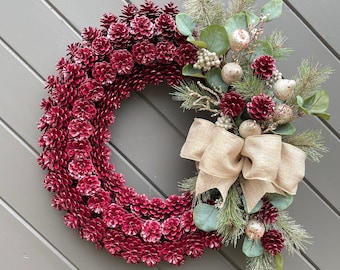 Burgundy Pinecone Christmas Wreath, Holiday Door Decor with Faux Fruit