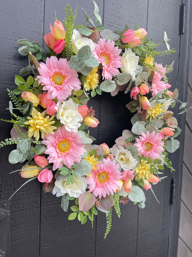 Daisy and Tulip Wreath, Spring Floral Wreath, Easter Wreath, Summer Wreath for Front Door, Eucalyptus Wreath, Mother's Day Gift, Peach Fuzz image 3