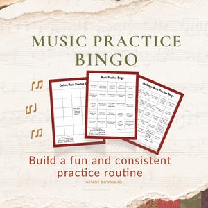 Bingo met muziekoefeningen voor kinderen | Afdrukbaar muziekspel, oefenmotivatieactiviteit, pdf-bestand met lesmateriaal piano en viool