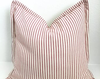 Red ticking stripe pillow cover, modern farmhouse pillow cover, 20x20 Christmas pillow cover, 18x18 holiday euro sham, valentine seasonal