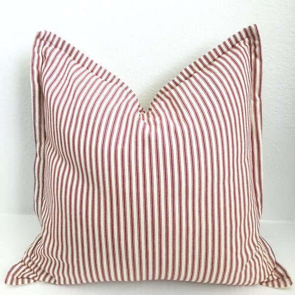 Red ticking stripe pillow cover, modern farmhouse pillow cover, 20x20 Christmas pillow cover, 18x18 holiday euro sham, valentine seasonal