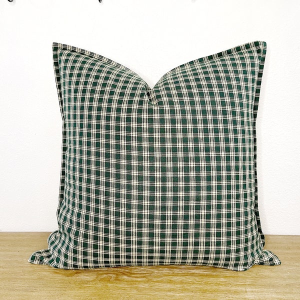 Green plaid pillow cover, holiday christmas pillow cover, windowpane 20x20 pillow cover, cotton throw pillow sham, forest green 18x18 pillow