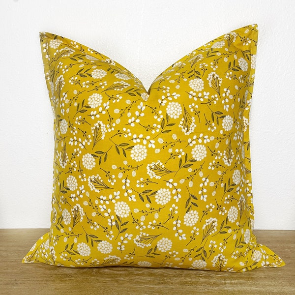 Mustard yellow pillow cover, dandelion spring pillow cover, summer floral pillow cover, 20x20 farmhouse pillow cover, 18x18 throw pillow