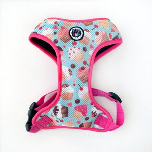 May include: Pink dog harness with a blue and white cupcake pattern. The harness has a black buckle and a small logo that says "Pawsitive Vibes".