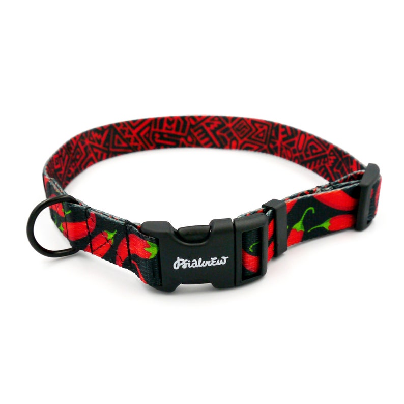 Puede incluir: Un collar de perro rojo y negro con un patr&oacute;n de chiles y una hebilla de pl&aacute;stico negro. La hebilla tiene la palabra "PrimalPet" impresa en ella.