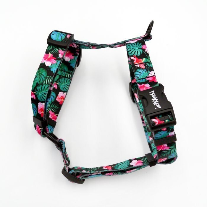 Small Harness for Dog, Model Tropical Monstera 2 cm 0.78 " tape width, Guard Harness, small dogs, puppies, black extras