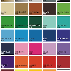 May include: A colour chart featuring 36 different colours, each with a name and a number. The colours are arranged in a grid of six rows and six columns. The colours include gold, silver, light grey, dark grey, black, beige, light brown, nut brown, brown, pastel green, light green, grassy green, dark green, mint, turquoise, pastel blue, light blue, azure, blue, ultramarine, navy blue, light pink, pink, lilac, lavender, purple, light orange, orange, light red, red, burgundy, lemon, yellow, dark yellow, and white.