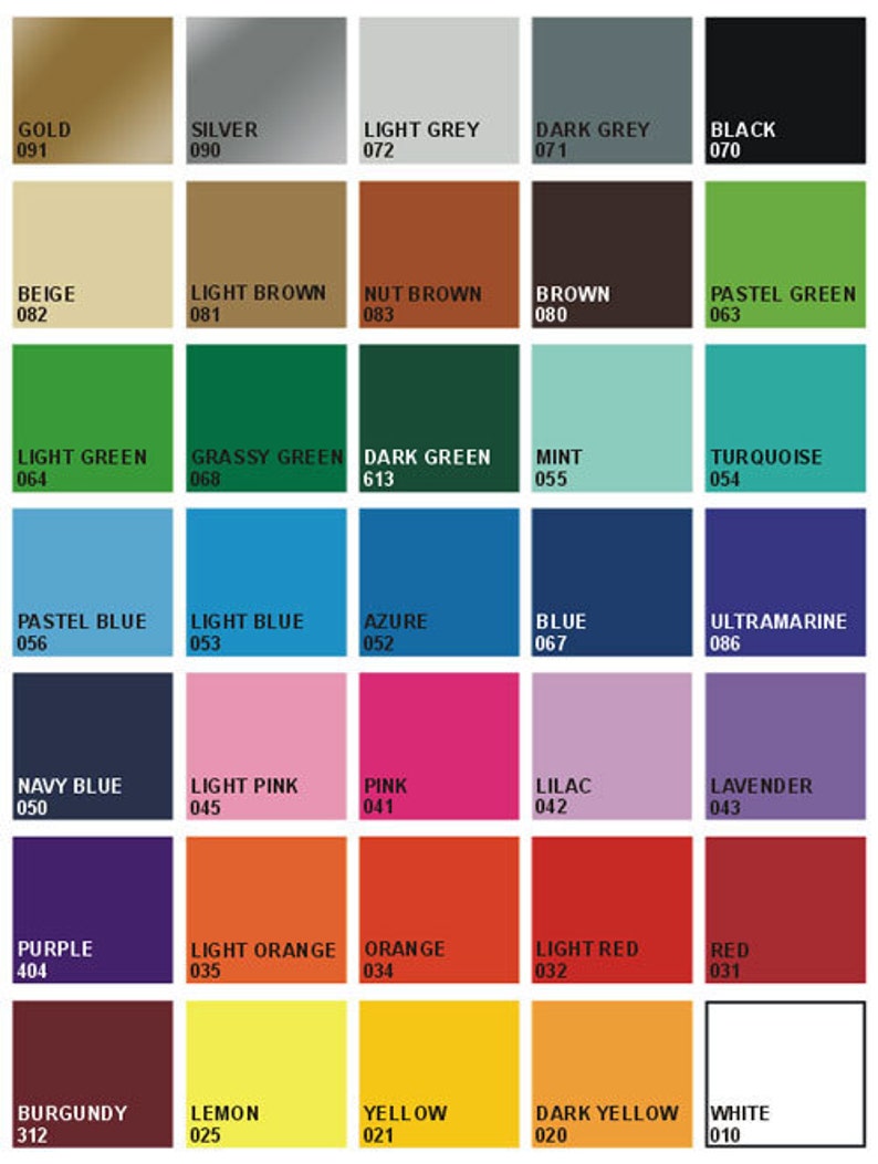 May include: A colour chart featuring 36 different colours, each with a name and a number. The colours are arranged in a grid of six rows and six columns. The colours include gold, silver, light grey, dark grey, black, beige, light brown, nut brown, brown, pastel green, light green, grassy green, dark green, mint, turquoise, pastel blue, light blue, azure, blue, ultramarine, navy blue, light pink, pink, lilac, lavender, purple, light orange, orange, light red, red, burgundy, lemon, yellow, dark yellow, and white.