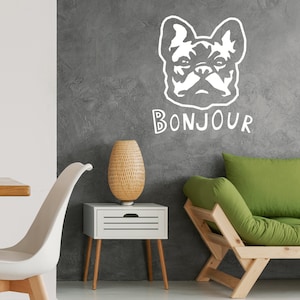 Naklejka ścienna Bonjour Frenchie dog Psiakrew French Bulldog Naklejka winylowa - Nadaje się na ściany, samochody, iPady, lustra Ciemne tło