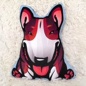Bull Terrier hond kussen decoratief hond knuffel driekleur cartoon bullebak, zwart tan witte knuffelige mascotte