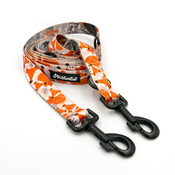 Dog Leash Foxy Lady- fall pattern, two ended , width 2.5 cm, 1"  wide, two black hooks, colorful designed pet leashes Psiakrew