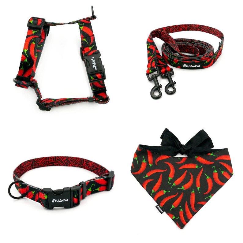 Puede incluir: Un conjunto de arn&eacute;s, correa, collar y bandana para perro con estampado de chiles rojos. El conjunto presenta un fondo negro con chiles rojos impresos en &eacute;l. El nombre de la marca "Pawsitive" est&aacute; impreso en el arn&eacute;s, la correa y el collar.