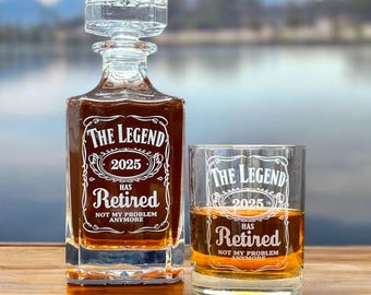 The Legend Has Retired Engraved Decanter Set – 3pc Whiskey Gift for Retirement, Etched Glass Barware Keepsake