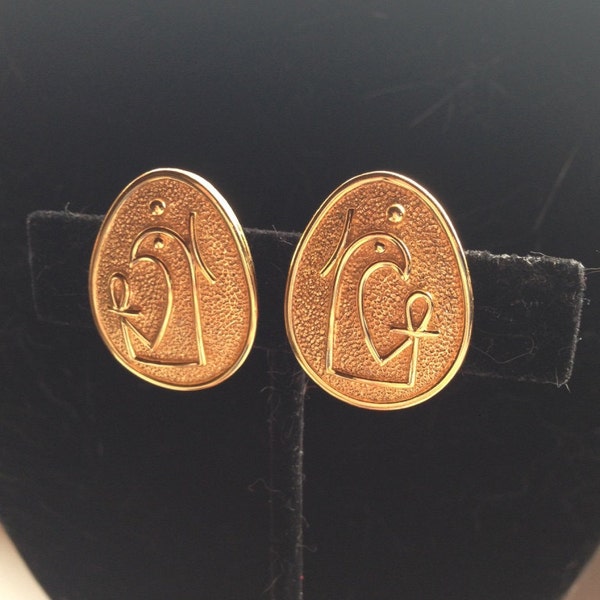 Signed Designer Trifari Egyptian Revival God RA Gold Tone Earrings