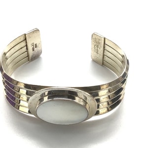 Bransoletka mankietowa Vintage Modernist Sterling 925 Meksyk TA 160 Srebro Masa Perłowa Mid Century Modern