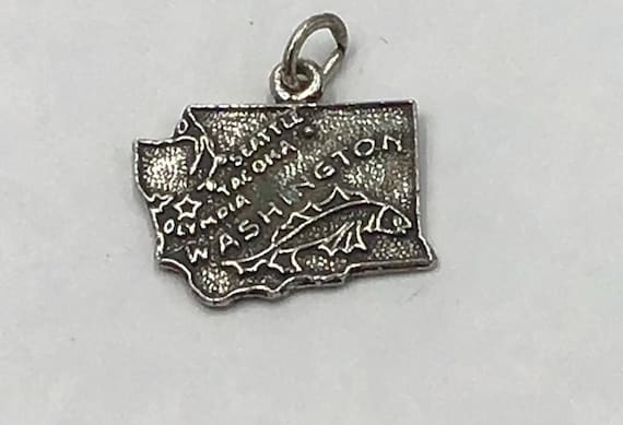 Vintage sterling silver charm Seattle, Tacoma, Washington,  Fish, State charm, travel charm, souvenir charm
