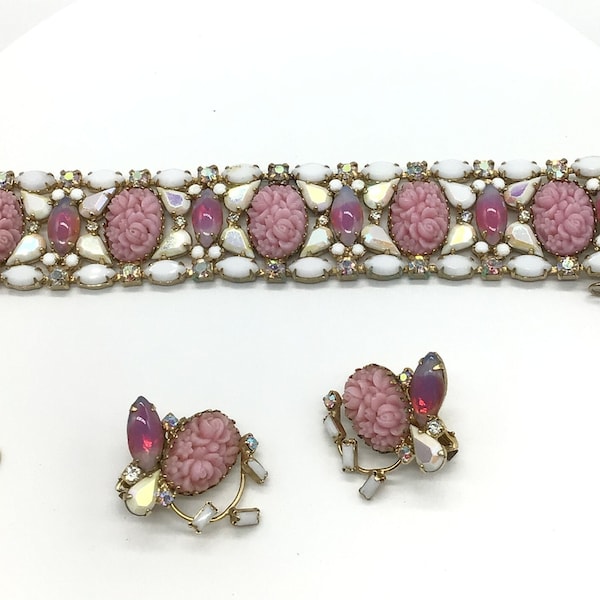 Hobe Costume Jewelry Designer Ziegfeld Follies 1950s Bracelet Earrings Pink Roses Chunky Gold Tone, Rhinestones, Stones Vintage, Showgirl