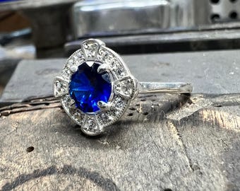 Silver blue sapphire cz deco ring