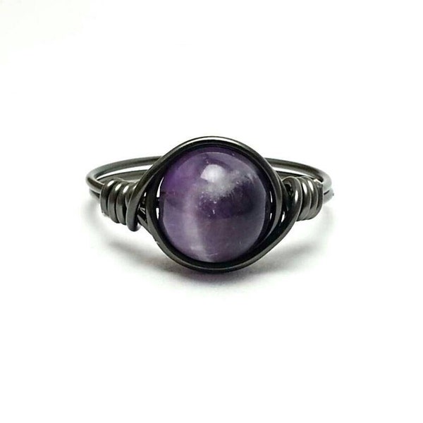 Banded Amethyst Ring, Wire Wrapped Ring, Purple Gemstone Ring, Boho Hippie Ring, Hematite Wire Ring, Black Gray Purple Ring, Wrap Stone Ring