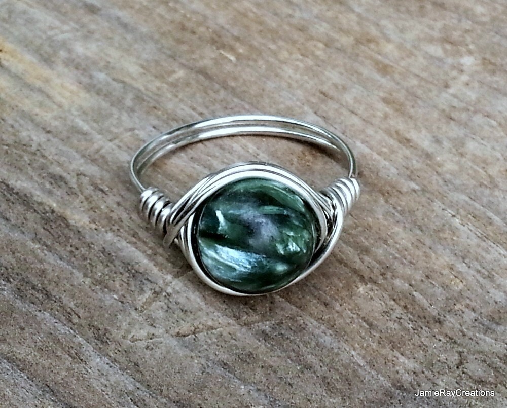 Seraphinite Ring Silver Wire Wrap Ring Shimmery Green - Etsy