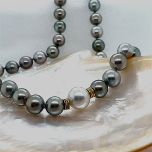 Tahitian Pearl Necklace | Multi-colored Tahitian Pearls and South Sea Pearl | AAA  Lustrous  Pearls | Gold Clasp | Gold & Diamond Rondelles