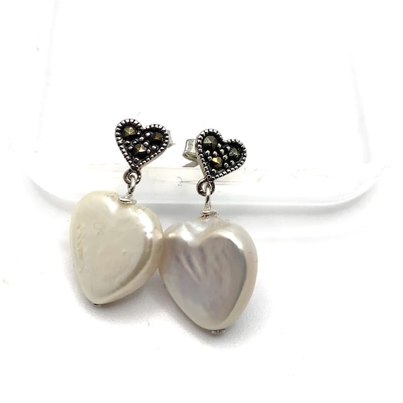 Pearl Earrings Marcasite Stud Earrings Heart-Shaped Pearl And