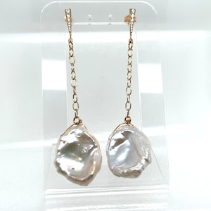 Keshi Pearl Earrings—Very large Keshi Pearls—Gold-filled and Cubic Settings and Gold-filled chain—3 inches long