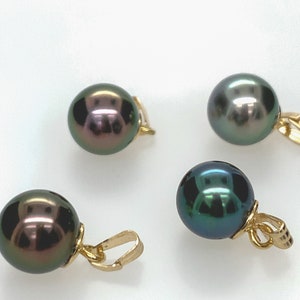 Tahitian Pearl Pendants | 9mm  Bright Green Tahitian Pearl | 9mm Purple Gray Tahitian Pearl | 18Kt and 14Kt | Two left to choose from