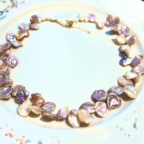 Keshi Pearl Necklace—purple, White and Peach Colored Keshi