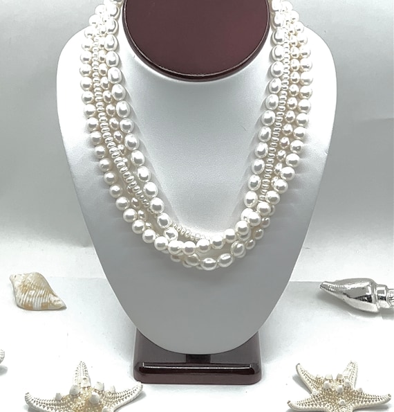 Vintage 28 Inch Multi-Strand Freshwater Rice Pearl Necklace - Ruby Lane